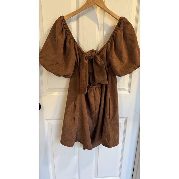 Francesca’s Blue Rain Cassie Brown Bow Back Corduroy Mini Dress Small - Picture 4 of 8